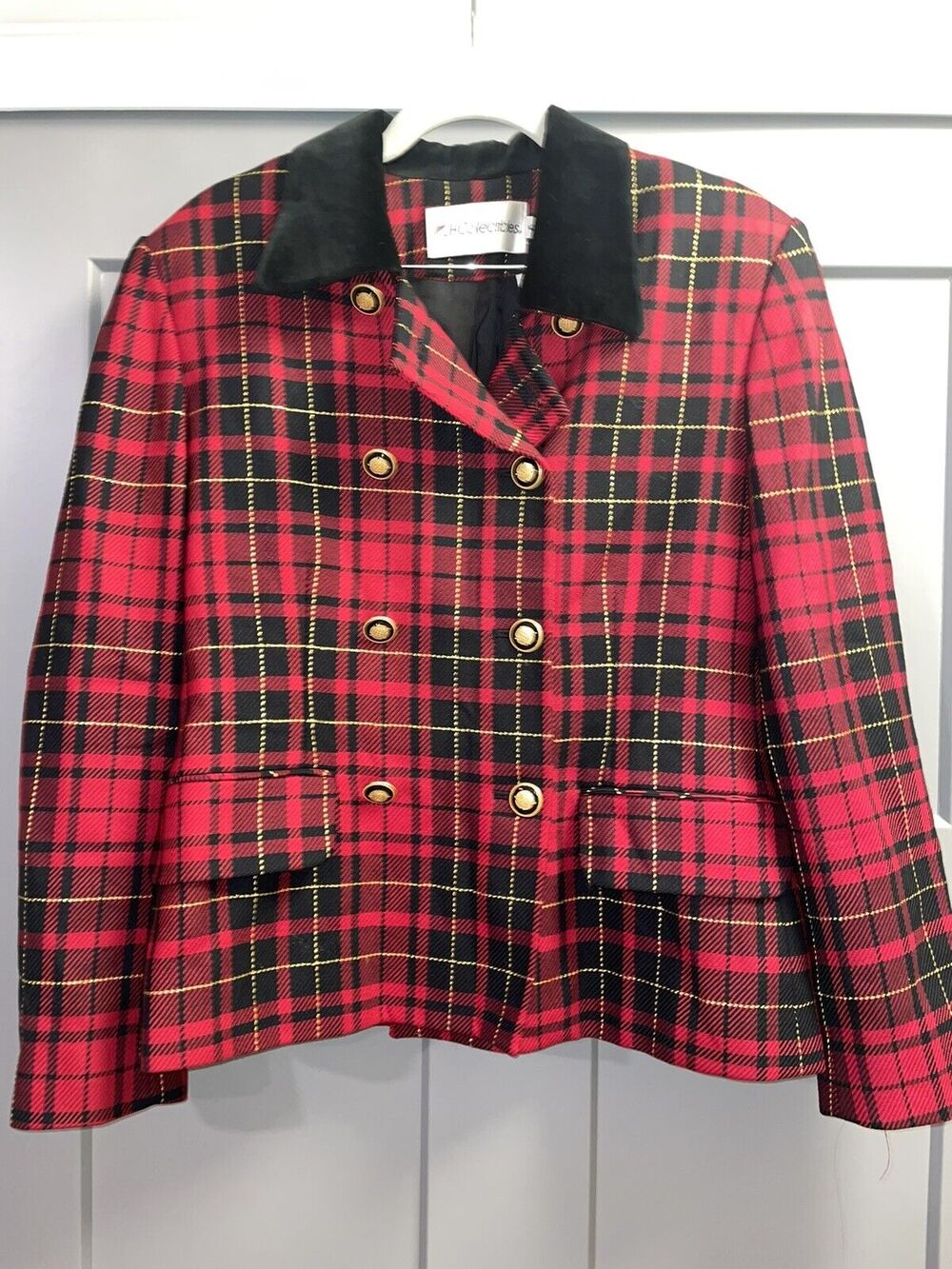 VTG JH Collectibles tartan Red Plaid Wool Blend Velvet Collar Black Gold Button